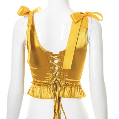 Women Summer Orange Strap Solid Bow Bustier Top