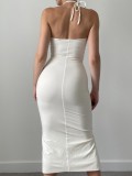 Women Summer White Romantic Halter Solid Slit Pleated Midi Dress