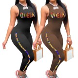 Women Summer Brown Sexy O-Neck Sleeveless Letter Print Skinny Jumpsuit