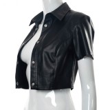 Women Summer Black Sexy Turn-down Collar Short Sleeves Solid PU Leather Short Crop Top