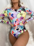 Women Printed High-Leg Round Neck Floral Print Long Sleeve One Piece Swimsuit