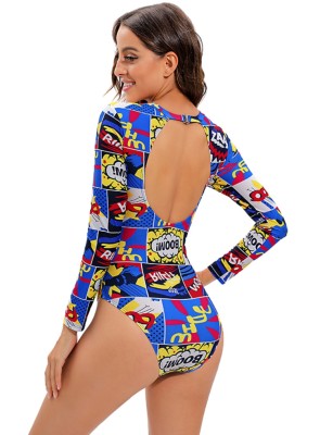 Women Printed High-Leg Round Neck Long Sleeve One Piece Swimsuit