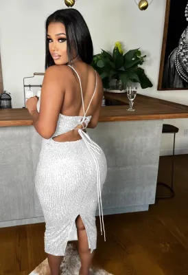 Women Summer White Sexy Strap Sleeveless Sequined Midi Club Dress