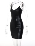 Women Summer Black Sexy Strap Solid PU Leather Mini Club Dress