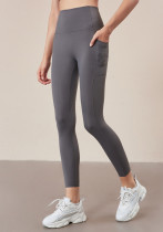 Women Summer Grey High Waist Solid Pocketed Yoga Leggings