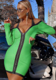 Women Spring Green Modest Strap Wrist Sleeves Zippers Mini Club Dress