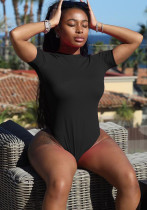Women Summer Black Modest O-Neck Short Sleeves Solid Bodysuit