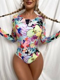 Women Printed High-Leg Round Neck Floral Print Long Sleeve One Piece Swimsuit