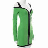 Women Spring Green Modest Strap Wrist Sleeves Zippers Mini Club Dress
