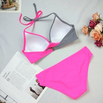 Women Pink Halter Patchwork Two Piece Swimwear