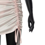 Women Spring Pink Sexy Strap Sleeveless High Waist Solid Pleated MiniTwo Piece Skirt Set