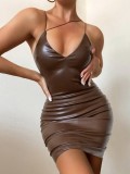 Women Summer Brown Sexy Strap Solid PU Leather Mini Club Dress