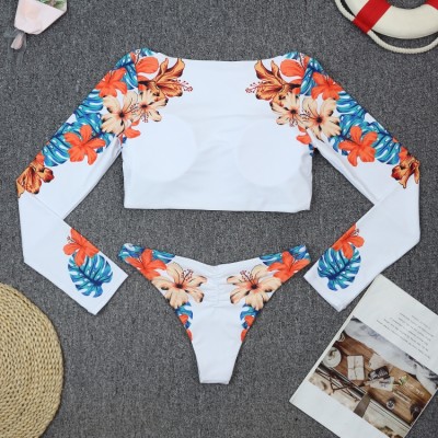 Women Orange Long Sleeve Sun-Protective Scoop Floral Print Two Piece Swimwear