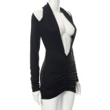 Women Spring Black Sexy Halter Full Sleeves Solid Backless Mini Sheath Club Dress