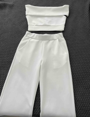 Women Summer White Elegant Off-the-shoulder Short Sleeves High Waist Solid Two Piece Wide Legged Pants Set