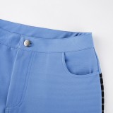 Women Spring Blue Straight Mid Waist Patchwork Mesh Full Length Skinny Pants