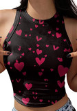 Women Summer Rose O-Neck Hearts Print Short Crop Tank Tops