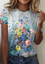 Women Summer Blue Casual O-Neck Short Sleeves Floral Print Regular T-Shirt