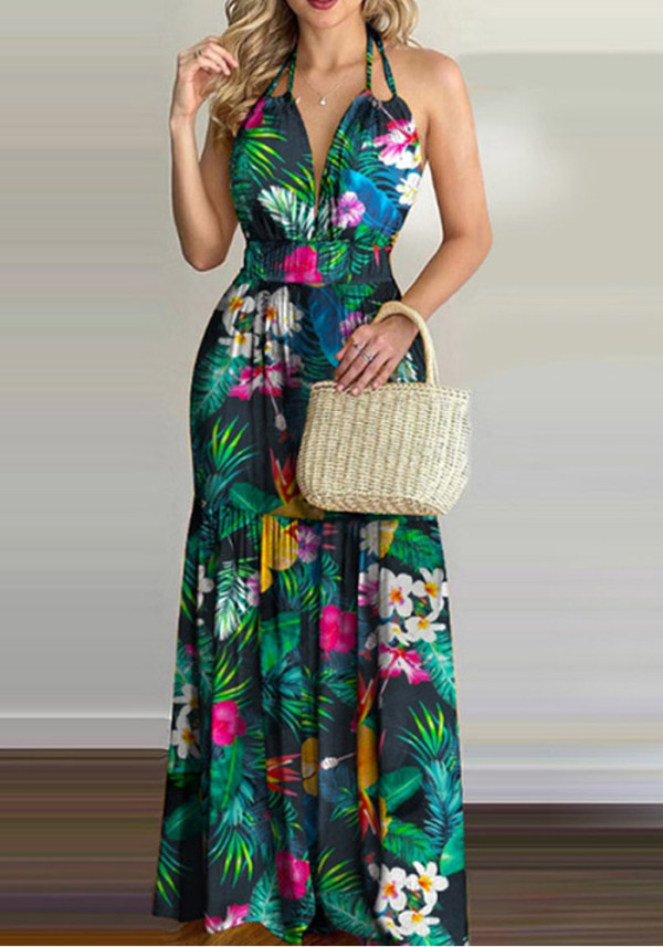 Women Summer Green Sexy Halter Sleeveless Floral Print Backless Holidays Long Dress