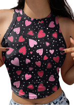 Women Summer Pink O-Neck Hearts Print Short Crop Tank Tops