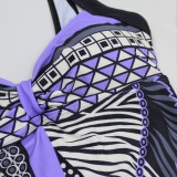 Women Purple Straps V-Neck Geometric Print Backless One Piece Swimsuit