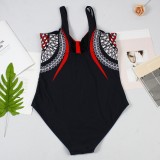 Women Red Straps V-Neck Geometric Print Backless One Piece Swimsuit