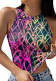 Women Summer Multicolor O-Neck Hearts Print Short Crop Tank Tops