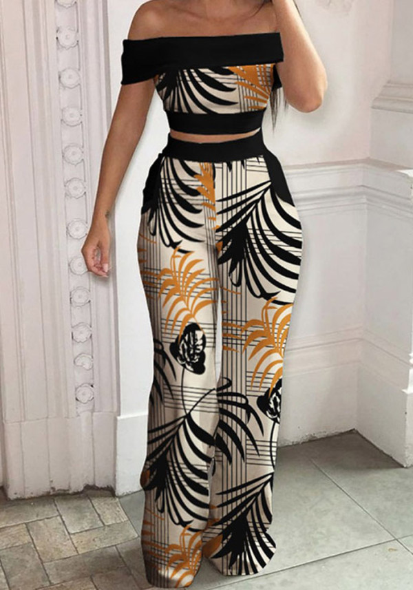 Women Summer Black Elegant Off-the-shoulder Short Sleeves High Waist Floral Print Two Piece Wide Legged Pants Set