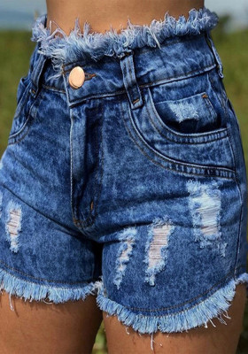 Women Summer Blue Straight High Waist Solid Ripped Denim Shorts