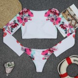 Women Rose Long Sleeve Sun-Protective Scoop Floral Print Two Piece Swimwear