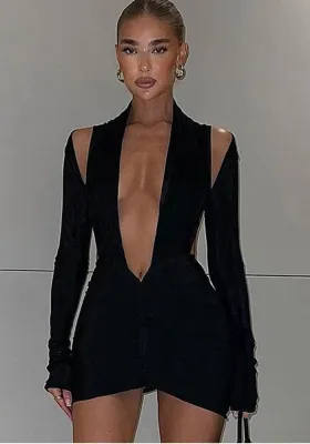 Women Spring Black Sexy Halter Full Sleeves Solid Backless Mini Sheath Club Dress