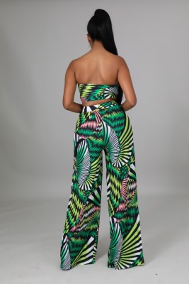 Women Summer Green Sexy Strapless Sleeveless Geometric Print Loose Two Piece Pants Set