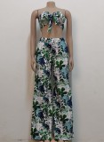 Women Summer Green Sexy Strapless Sleeveless High Waist Leaf Print Loose Two Piece Pants Set