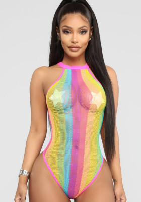 Women Summer Pink Sexy Halter Sleeveless Striped Print Sheer Bodysuit