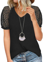 Women Summer Black Casual V-neck Short Sleeves Solid Patchwork Regular Tops