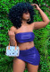 Women Summer Blue Sexy Strapless Sleeveless Low Waist PU Leather Asymmetrical MiniTwo Piece Skirt Set