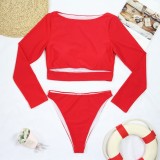 Women Red Long Sleeve Sun-Protective Scoop Solid Two Piece Swimwear