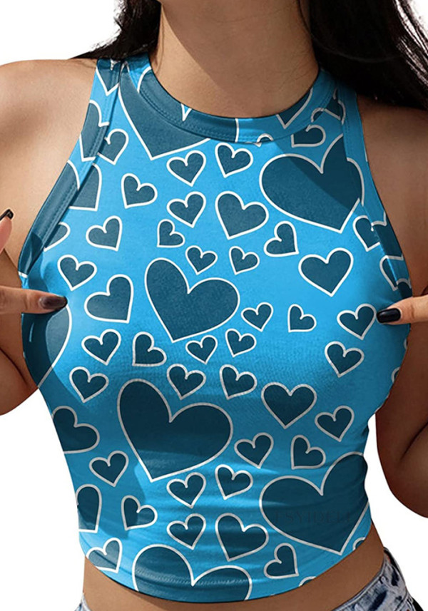 Women Summer Blue O-Neck Hearts Print Short Crop Tank Tops