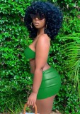 Women Summer Green Sexy Strapless Sleeveless Low Waist Solid Asymmetrical MiniTwo Piece Skirt Set