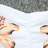 Women Orange Long Sleeve Sun-Protective Scoop Floral Print Two Piece Swimwear