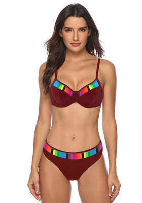 Women Burgunry Bikini Straps Geometric Print Underwire Two Piece Swimwear