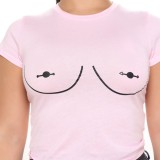 Women Summer Pink Sexy O-Neck Short Sleeves Printed Short T-Shirt