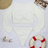 Women Beige Long Sleeve Sun-Protective Scoop Solid Two Piece Swimwear