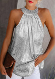Women Summer Silver Romantic O-Neck Sleeveless Solid Regular Tops