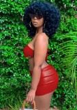 Women Summer Red Sexy Strapless Full Sleeves Low Waist PU Leather Asymmetrical MiniTwo Piece Skirt Set