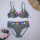 Women Green Bikini Straps Geometric Print Underwire Two Piece Swimwear