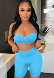 Women Summer Blue Sexy Straps Sleeveless High Waist Solid Skinny Sports Two Piece Shorts Set