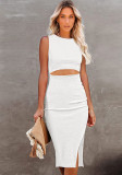 Women Summer White Elegant O-Neck Sleeveless Solid Hollow Out Slit Midi Dress