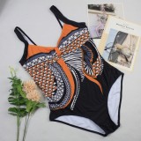 Women Orange Straps V-Neck Geometric Print Backless One Piece Swimsuit