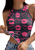 Women Summer Rose O-Neck Hearts Print Short Crop Tank Tops